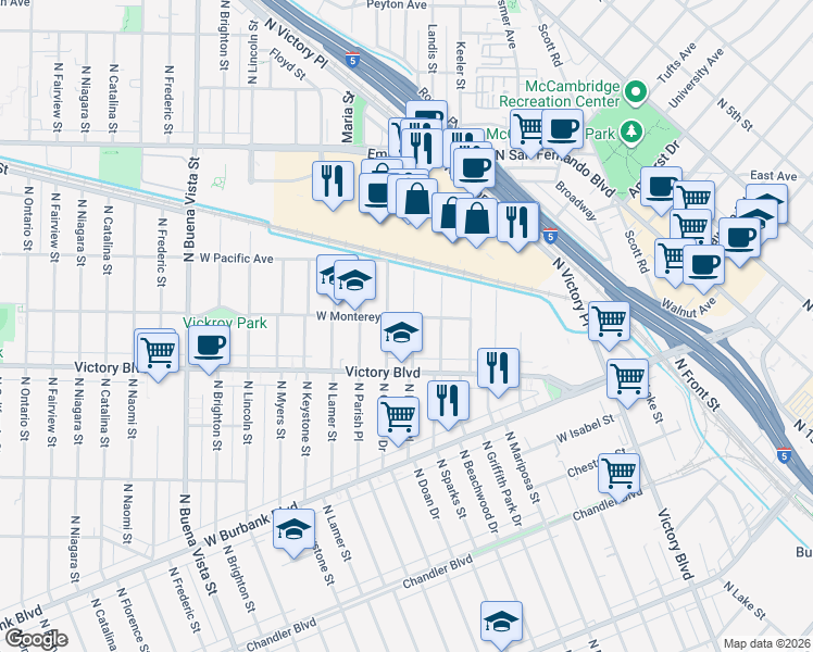 map of restaurants, bars, coffee shops, grocery stores, and more near 1304 North Reese Place in Burbank
