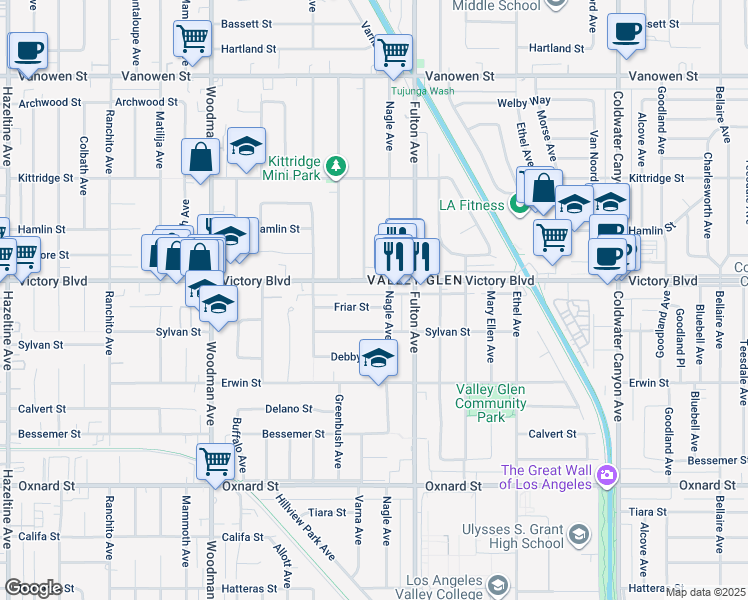map of restaurants, bars, coffee shops, grocery stores, and more near 13400 Victory Boulevard in Los Angeles