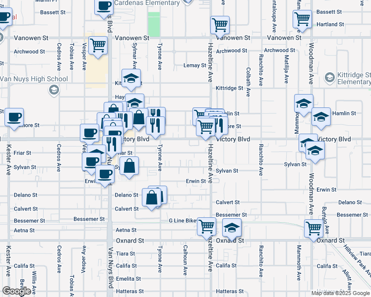 map of restaurants, bars, coffee shops, grocery stores, and more near 14142 Victory Boulevard in Los Angeles
