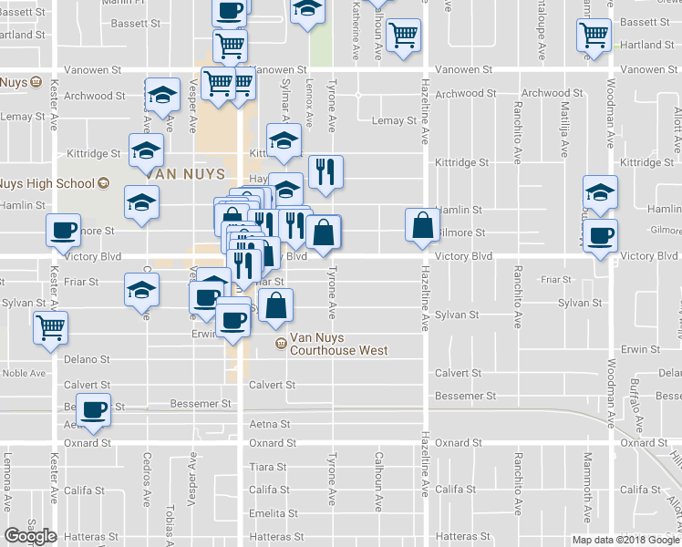 map of restaurants, bars, coffee shops, grocery stores, and more near in Los Angeles