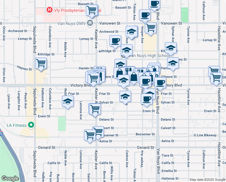 map of restaurants, bars, coffee shops, grocery stores, and more near 14752 Victory Boulevard in Los Angeles