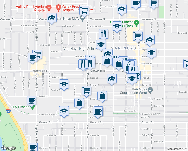 map of restaurants, bars, coffee shops, grocery stores, and more near 14830 Victory Boulevard in Los Angeles
