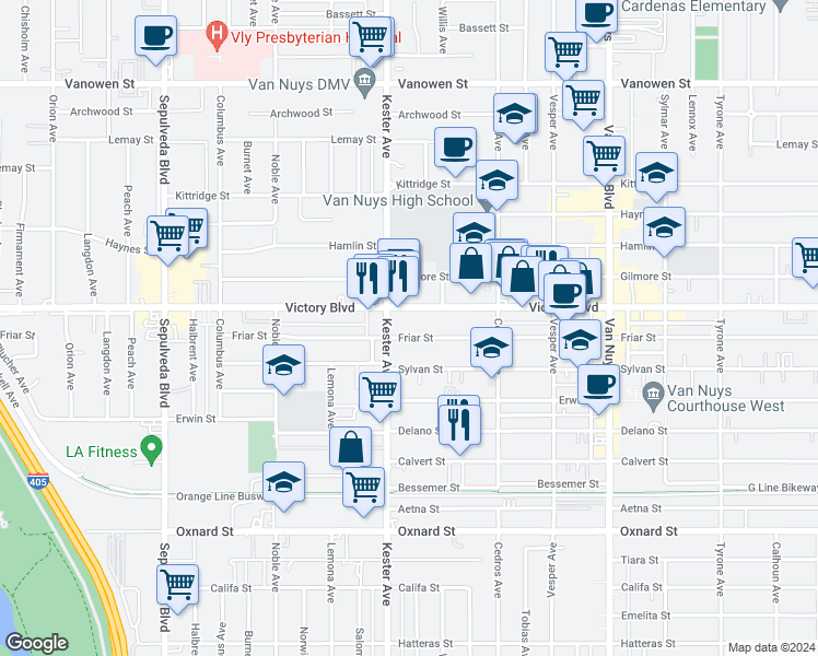 map of restaurants, bars, coffee shops, grocery stores, and more near 14830 Victory Boulevard in Los Angeles