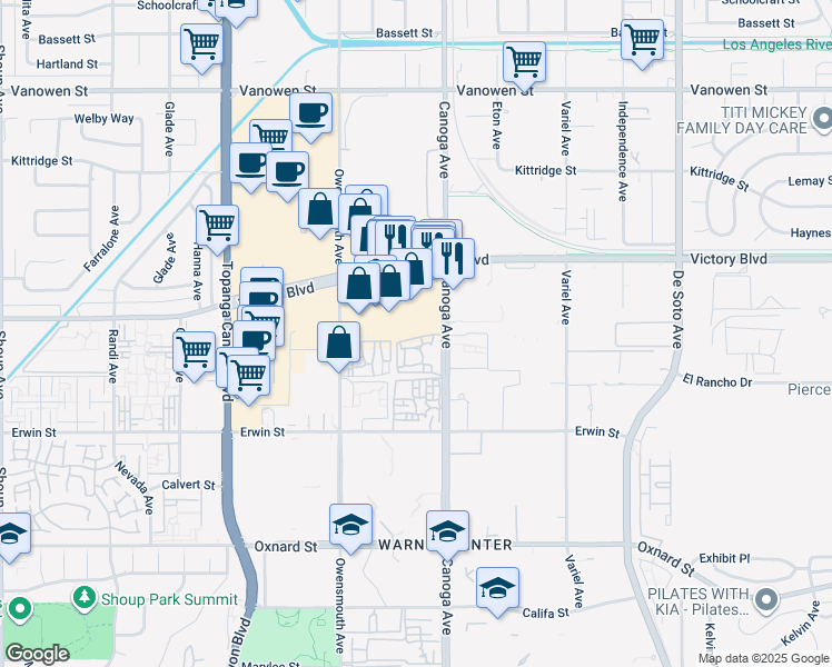 map of restaurants, bars, coffee shops, grocery stores, and more near 21490 Victory Boulevard in Los Angeles