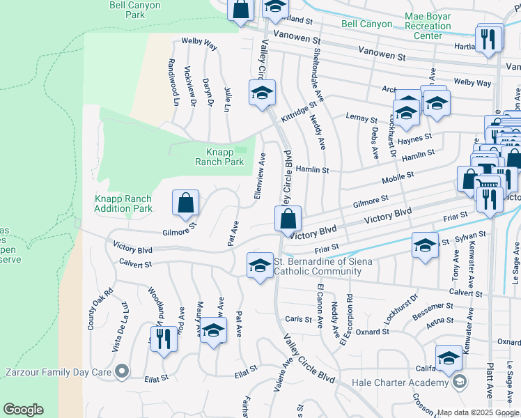 map of restaurants, bars, coffee shops, grocery stores, and more near 6441 Ellenview Avenue in Los Angeles