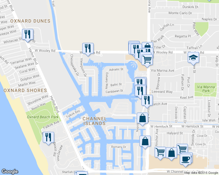 map of restaurants, bars, coffee shops, grocery stores, and more near 1467 Estuary Way in Oxnard