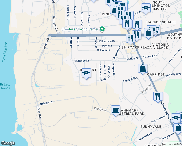 map of restaurants, bars, coffee shops, grocery stores, and more near 213-221 Dobbs Street in Wilmington