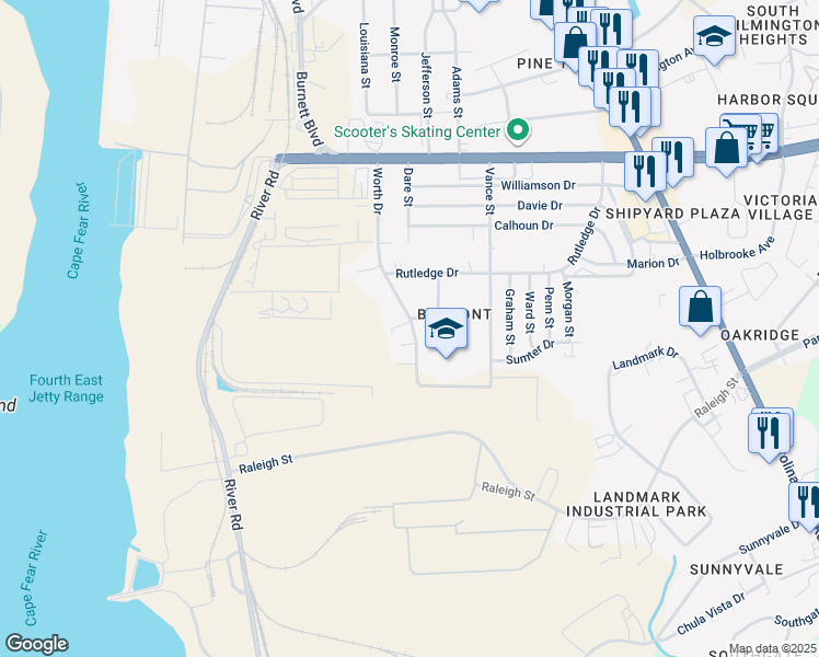 map of restaurants, bars, coffee shops, grocery stores, and more near 105-117 Dobbs Street in Wilmington