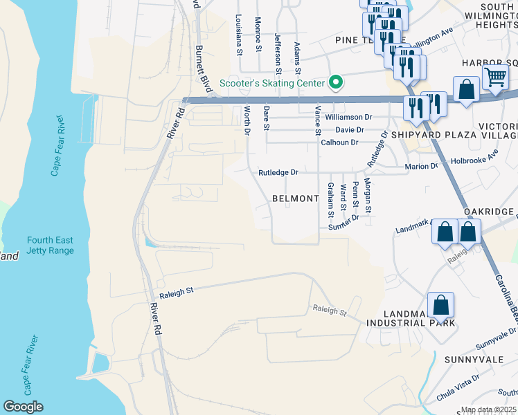 map of restaurants, bars, coffee shops, grocery stores, and more near 2830 Worth Drive in Wilmington