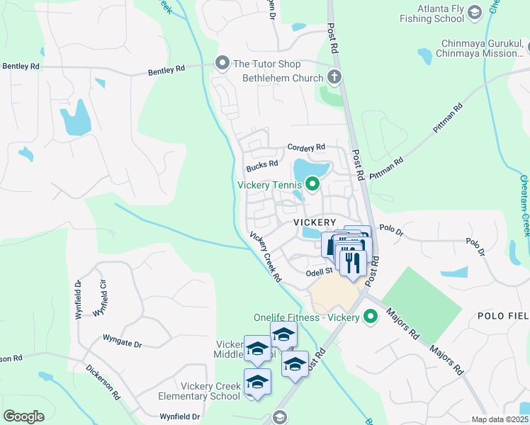map of restaurants, bars, coffee shops, grocery stores, and more near 6575 Eli Davis Road in Cumming