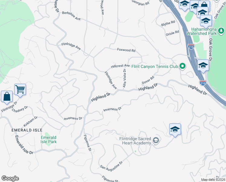map of restaurants, bars, coffee shops, grocery stores, and more near 700 Flintridge Avenue in La Cañada Flintridge