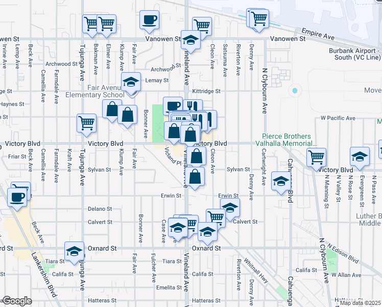 map of restaurants, bars, coffee shops, grocery stores, and more near 10940 Victory Boulevard in Los Angeles