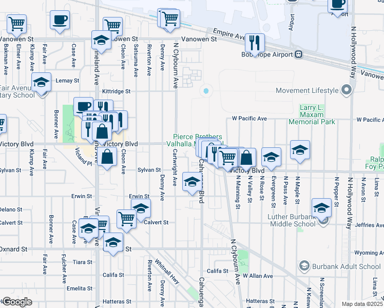 map of restaurants, bars, coffee shops, grocery stores, and more near 10621 Victory Boulevard in Los Angeles