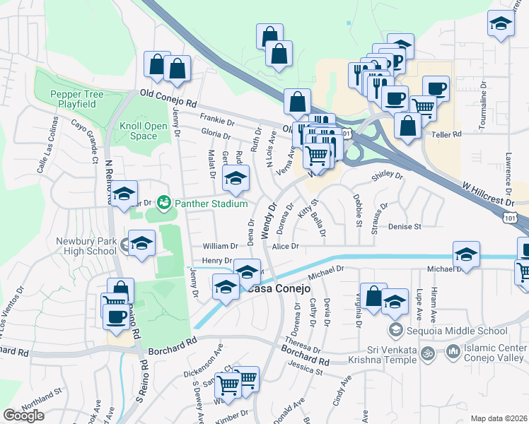 map of restaurants, bars, coffee shops, grocery stores, and more near 585 Wendy Drive in Casa Conejo