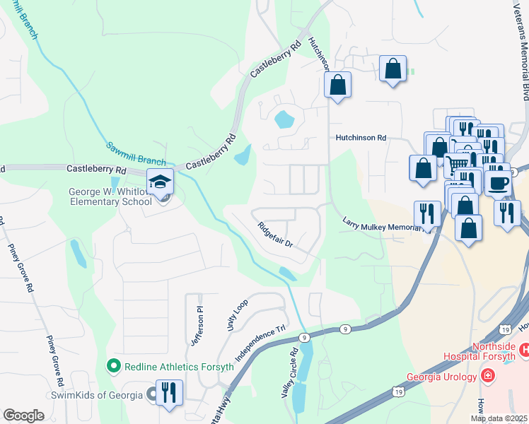 map of restaurants, bars, coffee shops, grocery stores, and more near 4145 Ridgefair Drive in Cumming