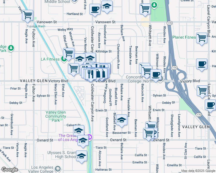 map of restaurants, bars, coffee shops, grocery stores, and more near 6346 Goodland Place in Los Angeles