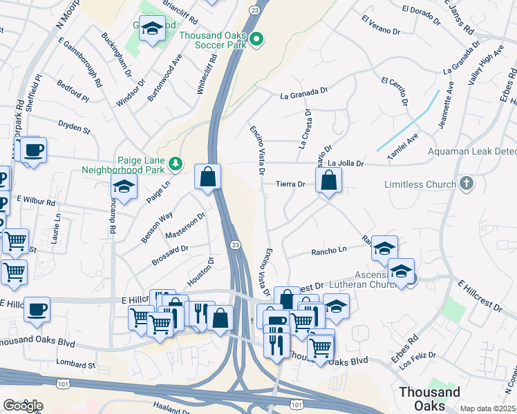 map of restaurants, bars, coffee shops, grocery stores, and more near 603 Encino Vista Drive in Thousand Oaks