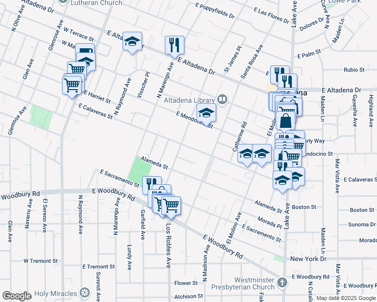 map of restaurants, bars, coffee shops, grocery stores, and more near 477 East Calaveras Street in Altadena