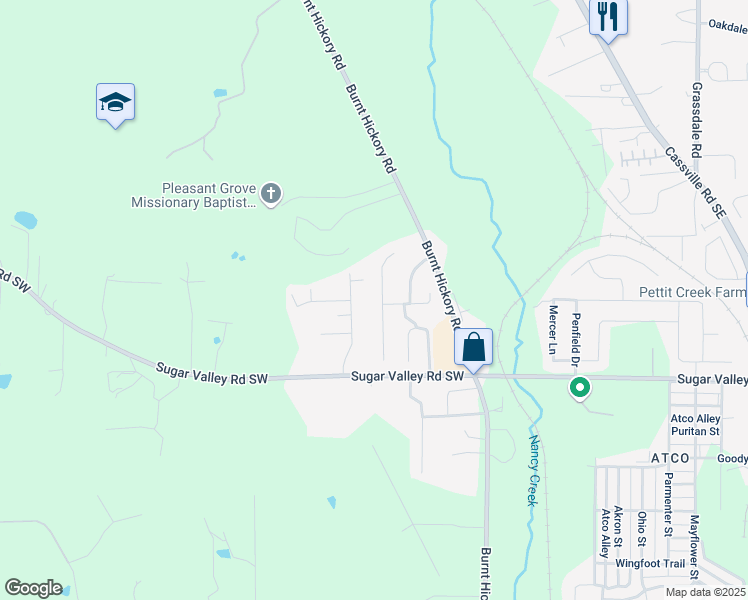 map of restaurants, bars, coffee shops, grocery stores, and more near 76 Honeysuckle Drive Southwest in Cartersville
