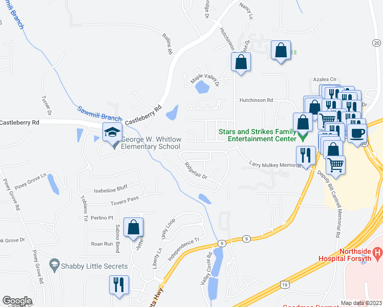 map of restaurants, bars, coffee shops, grocery stores, and more near 4125 Ridgefair Drive in Cumming