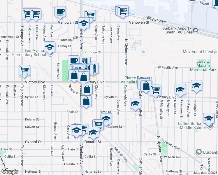 map of restaurants, bars, coffee shops, grocery stores, and more near 6339 Riverton Avenue in Los Angeles