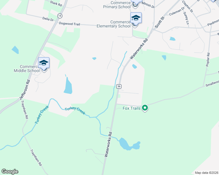 map of restaurants, bars, coffee shops, grocery stores, and more near 1044 Waterworks Road in Commerce