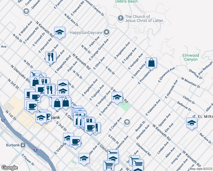 map of restaurants, bars, coffee shops, grocery stores, and more near 303 South Kenneth Road in Burbank