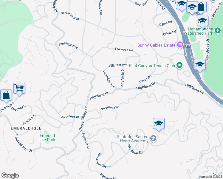 map of restaurants, bars, coffee shops, grocery stores, and more near 700 Flintridge Avenue in La Cañada Flintridge