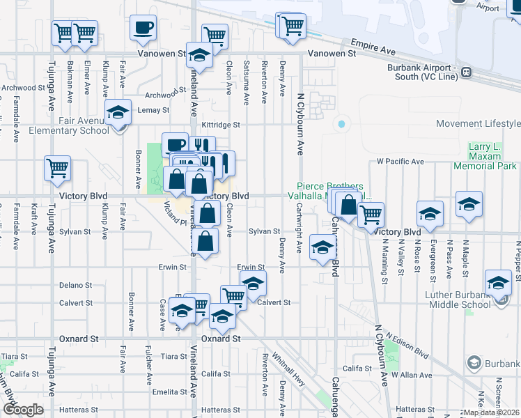 map of restaurants, bars, coffee shops, grocery stores, and more near 6339 Riverton Avenue in Los Angeles