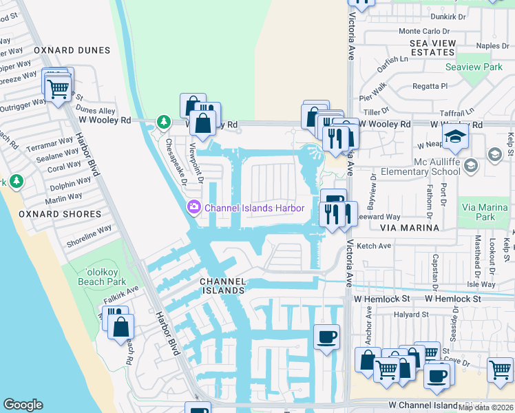 map of restaurants, bars, coffee shops, grocery stores, and more near 1467 Estuary Way in Oxnard