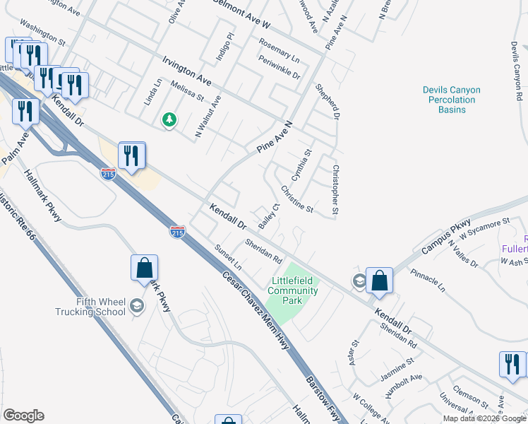 map of restaurants, bars, coffee shops, grocery stores, and more near 2649 Twain Avenue in San Bernardino