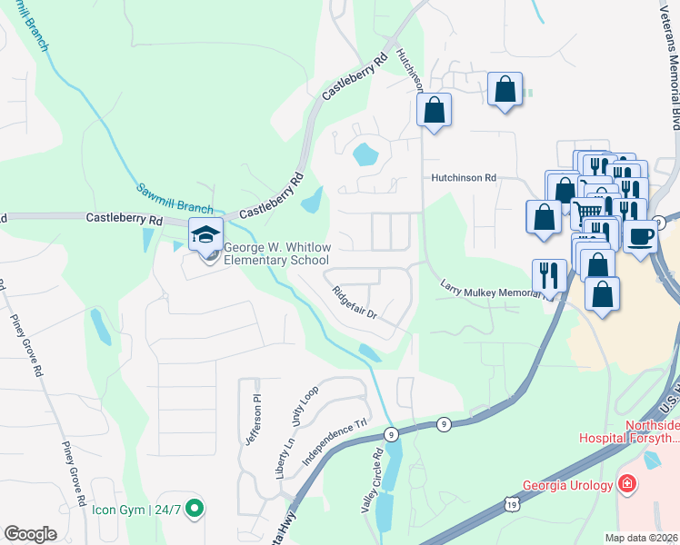 map of restaurants, bars, coffee shops, grocery stores, and more near 4145 Ridgefair Drive in Cumming