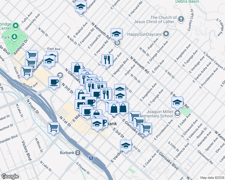 map of restaurants, bars, coffee shops, grocery stores, and more near 545 Palm Avenue in Burbank