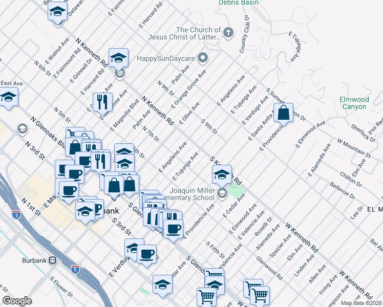 map of restaurants, bars, coffee shops, grocery stores, and more near 726 East Angeleno Avenue in Burbank