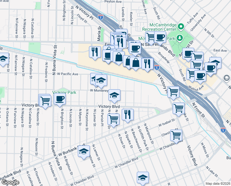 map of restaurants, bars, coffee shops, grocery stores, and more near 1803 West Monterey Avenue in Burbank