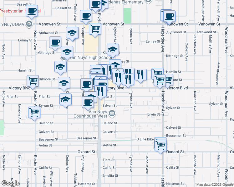 map of restaurants, bars, coffee shops, grocery stores, and more near 6364 Sylmar Avenue in Los Angeles