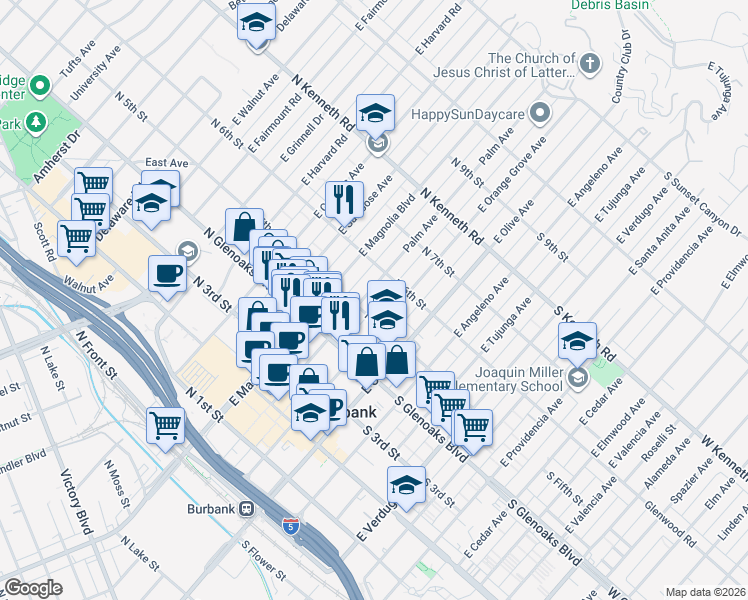 map of restaurants, bars, coffee shops, grocery stores, and more near 524 East Palm Avenue in Burbank