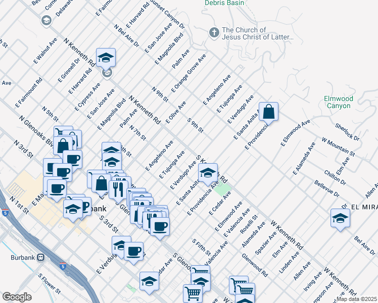 map of restaurants, bars, coffee shops, grocery stores, and more near 303 South Kenneth Road in Burbank