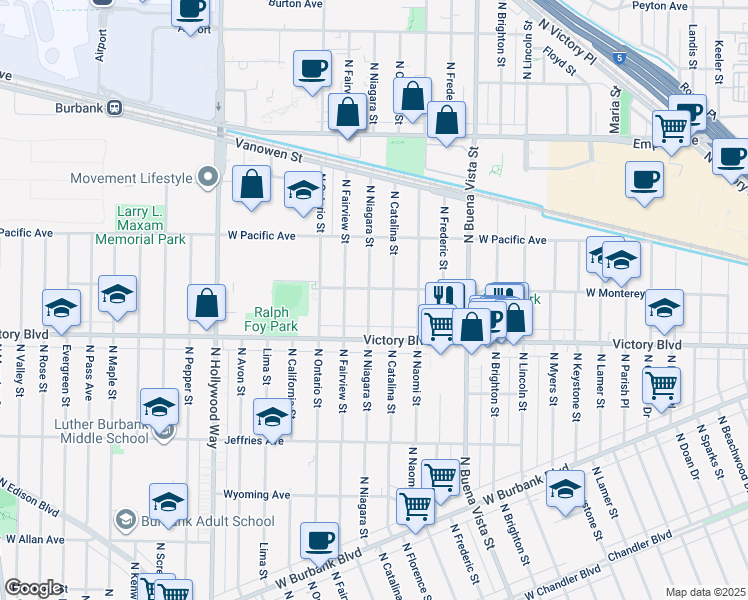 map of restaurants, bars, coffee shops, grocery stores, and more near 1736 North Niagara Street in Burbank