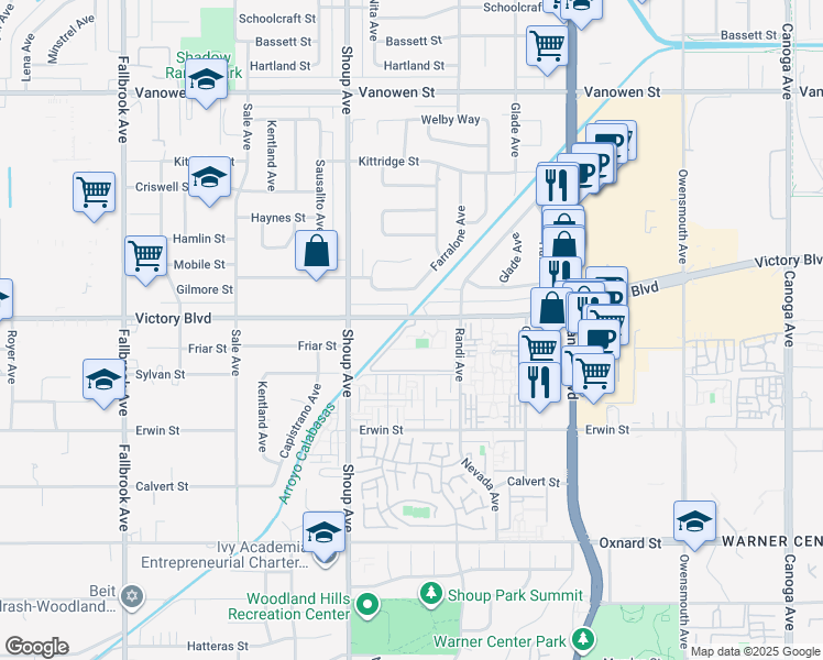 map of restaurants, bars, coffee shops, grocery stores, and more near 22222 Victory Boulevard in Los Angeles