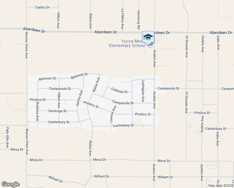 map of restaurants, bars, coffee shops, grocery stores, and more near 58257 Caliente Street in Yucca Valley