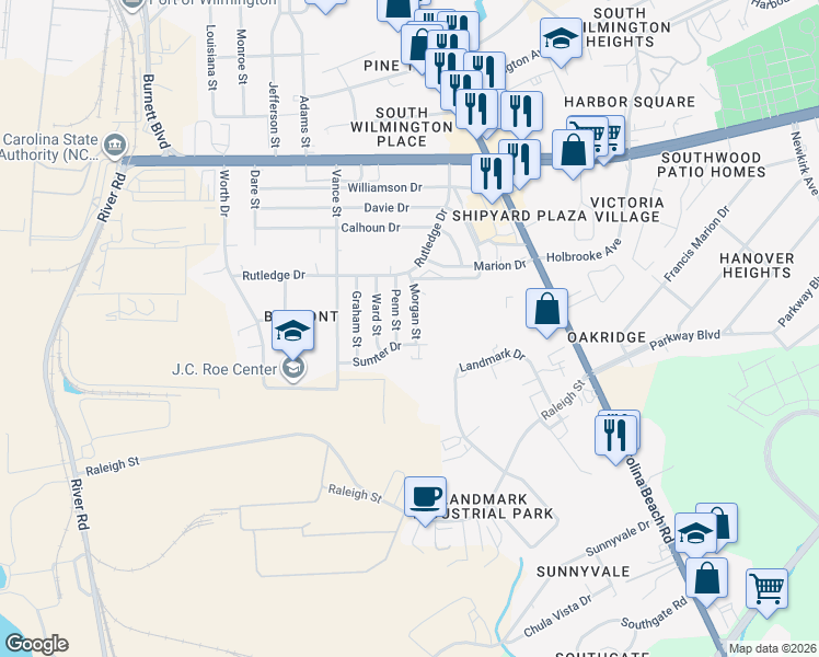 map of restaurants, bars, coffee shops, grocery stores, and more near 2809 Morgan Street in Wilmington