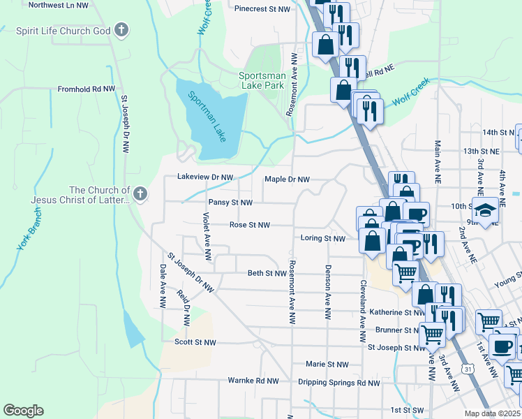 map of restaurants, bars, coffee shops, grocery stores, and more near 1002 Lakeview Drive Northwest in Cullman