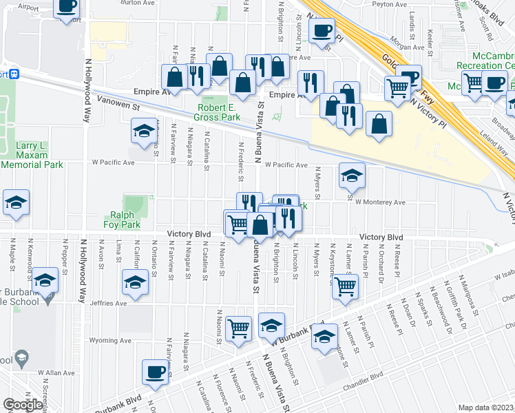 map of restaurants, bars, coffee shops, grocery stores, and more near North Buena Vista Street in Burbank