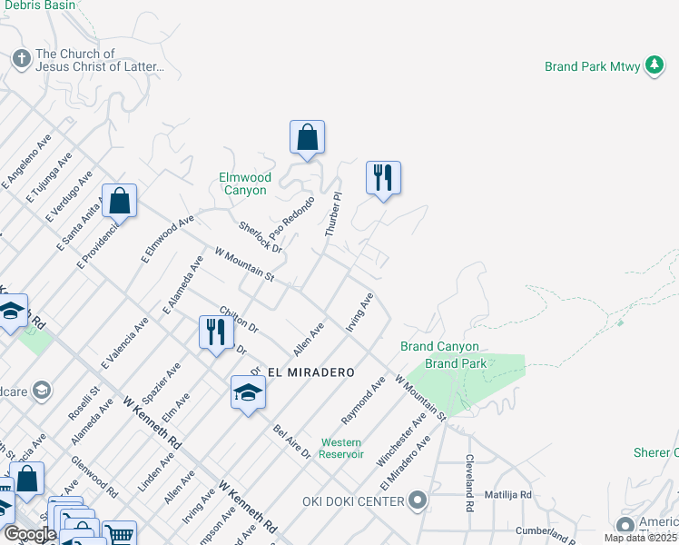 map of restaurants, bars, coffee shops, grocery stores, and more near 1645 Allen Avenue in Glendale