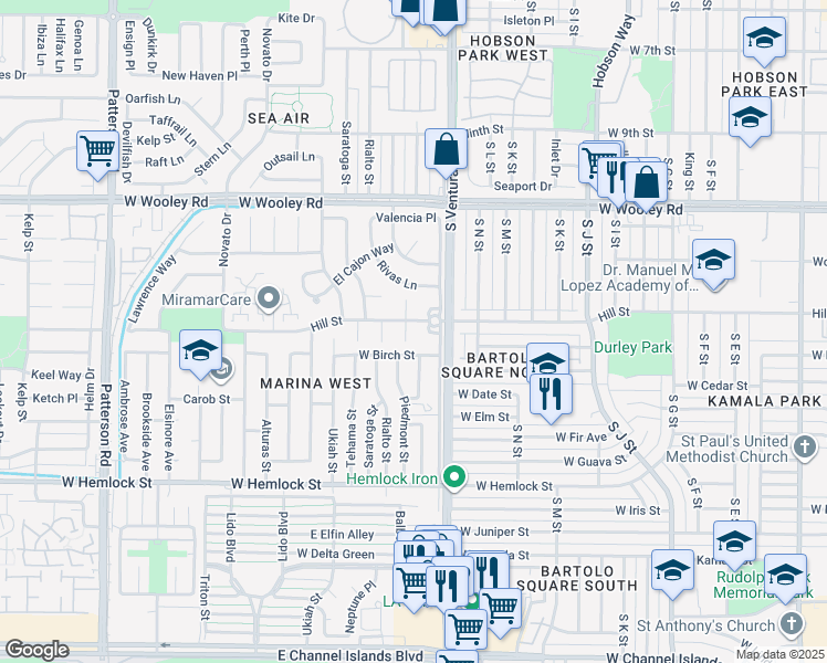 map of restaurants, bars, coffee shops, grocery stores, and more near 1310 Anza Court in Oxnard