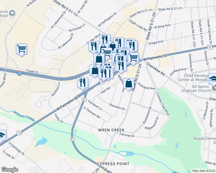map of restaurants, bars, coffee shops, grocery stores, and more near 2109 Hart Road in Florence