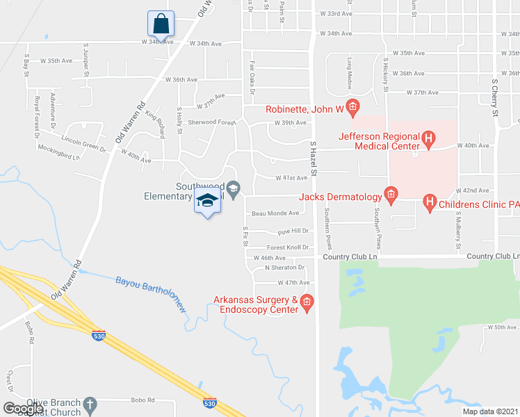 map of restaurants, bars, coffee shops, grocery stores, and more near 2505 Beau Monde Avenue in Pine Bluff