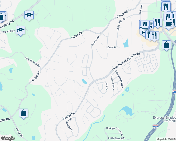 map of restaurants, bars, coffee shops, grocery stores, and more near 1010 Keeter Road in Canton