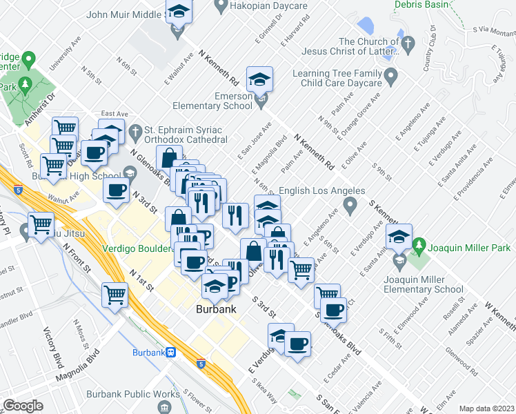 map of restaurants, bars, coffee shops, grocery stores, and more near 524 East Palm Avenue in Burbank